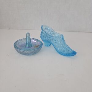 Fenton Blue Glass Shoe and Ring Holder Set